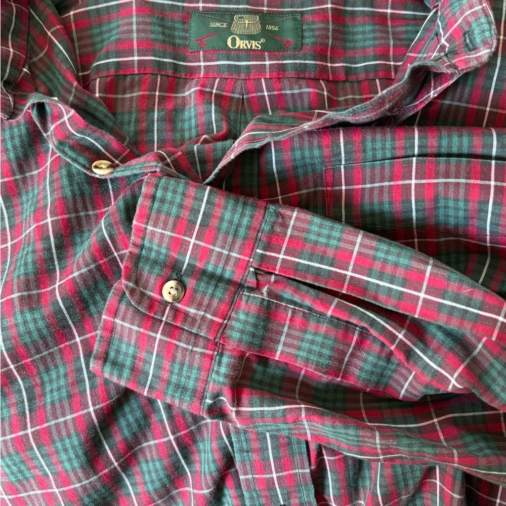 Orvis Men's Casual Plaid Shirt - Burgundy and Forest Green